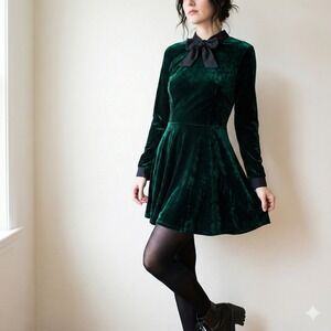 Valfre Velvet Bow Collar Mini Dress Womens Small Dark Green Long Sleeve Party